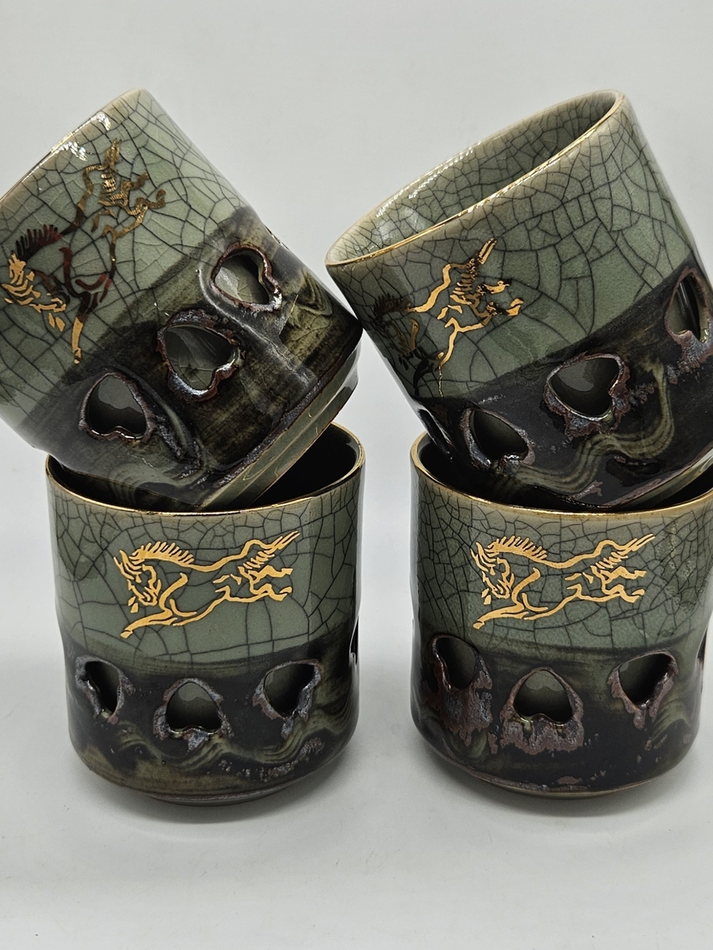 4 set Somayaki Soma Ware Green Crackle Sake Tea Cup Double Wall Gold Heart Horse